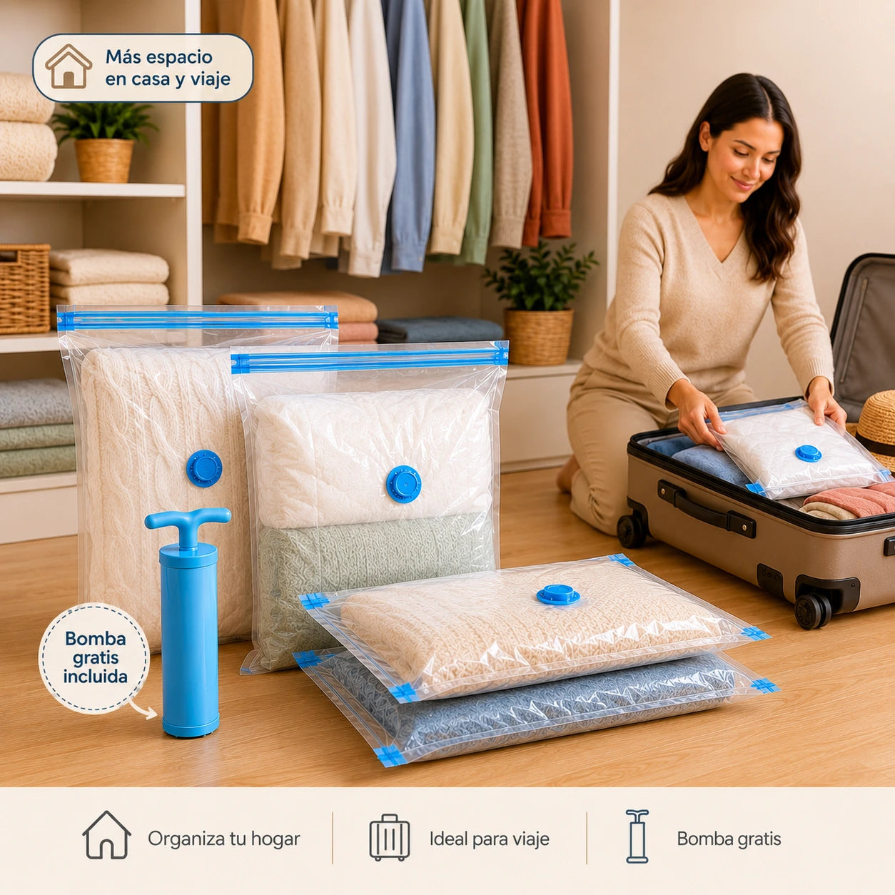 Bolsas al Vacío — Hasta 80% Más Espacio en tu Clóset o Maleta, en Minutos