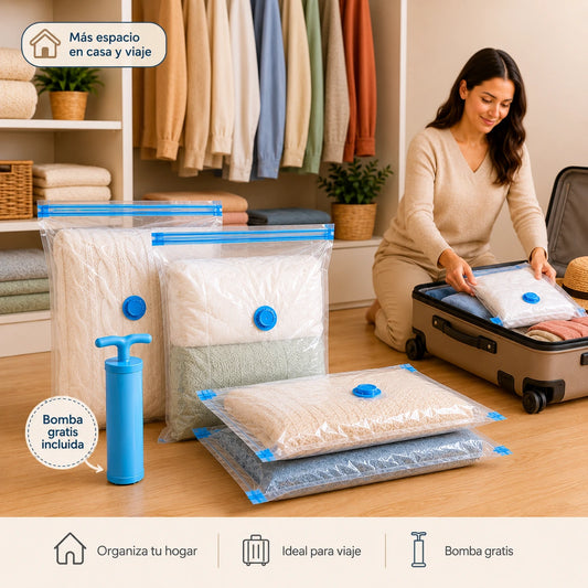 Bolsas al Vacío — Hasta 80% Más Espacio en tu Clóset o Maleta, en Minutos